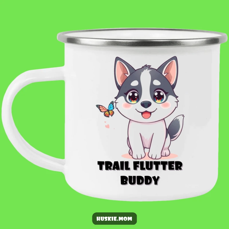 Funny Kawaii Husky Camp Mug: Butterfly Chase Adventure Gift!