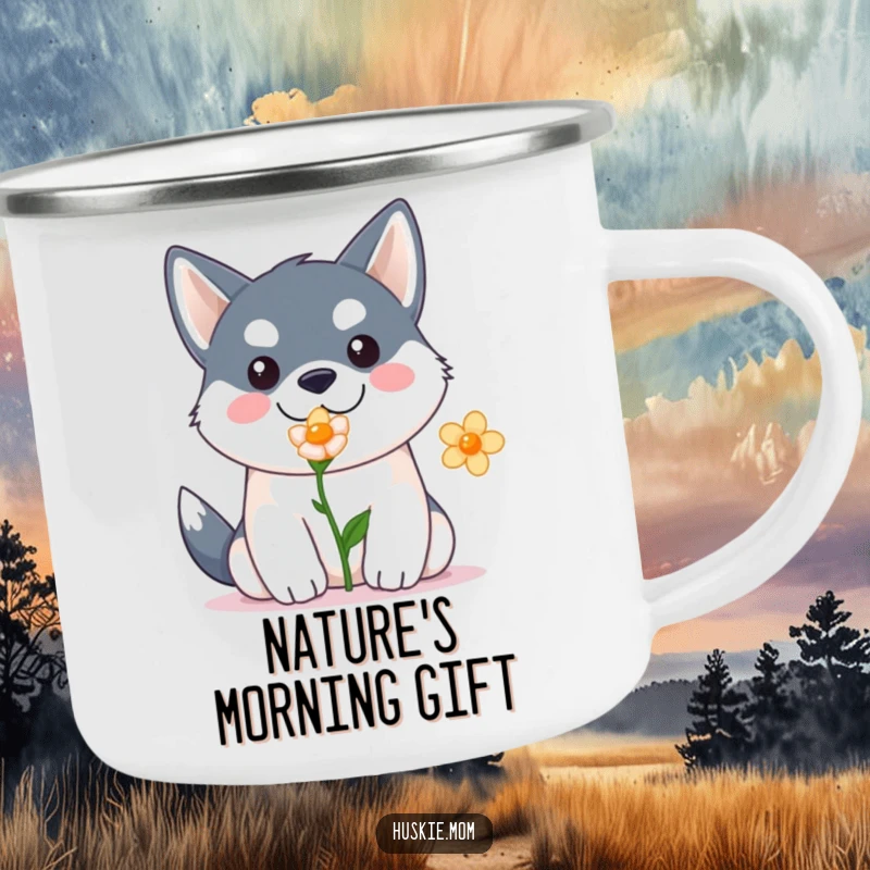 Funny Kawaii Husky Camping Mug: Enamel mug with a cute husky and flower, great for outdoors and funny gifts.