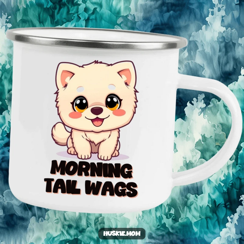 Happy Wagging Dog Camping Mug: A fluffy dog with big eyes wags its tail joyfully, perfect for enjoying drinks outdoors with humor.