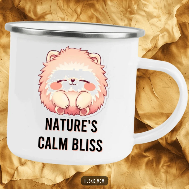 Funny Camping Mug with a fluffy animal's vibrant fur, relaxing smile, and closed eyes, perfect for outdoor chill.