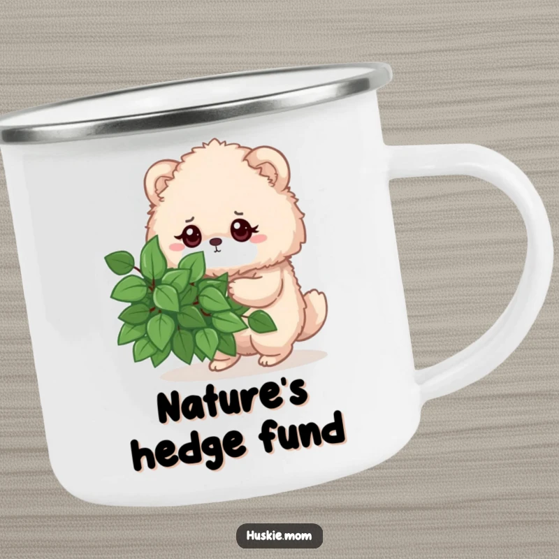 Funny camping mug with a fluffy animal determinedly pruning a leafy bush, perfect for outdoor humor and hydration.