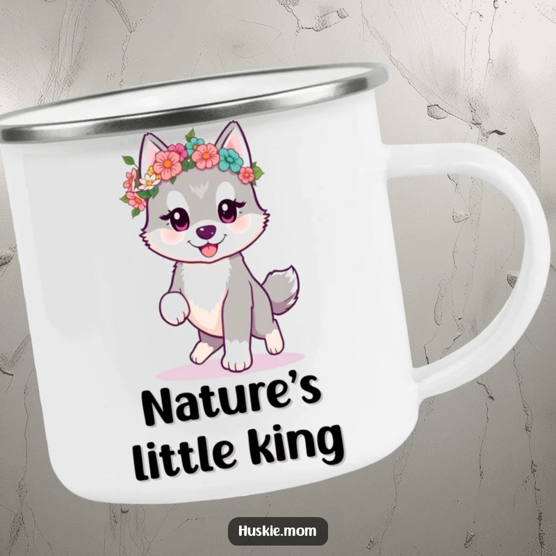 Funny kawaii husky puppy prancing with a flower crown on a sturdy camping mug, perfect for sweet outdoor moments.