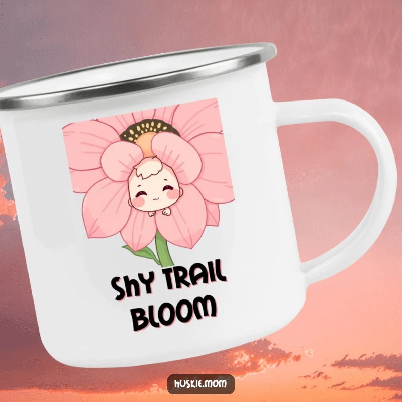Funny enamel camping mug featuring a shy character peeking from behind a large flower, a bashful smile evoking adventure and hidden joy.