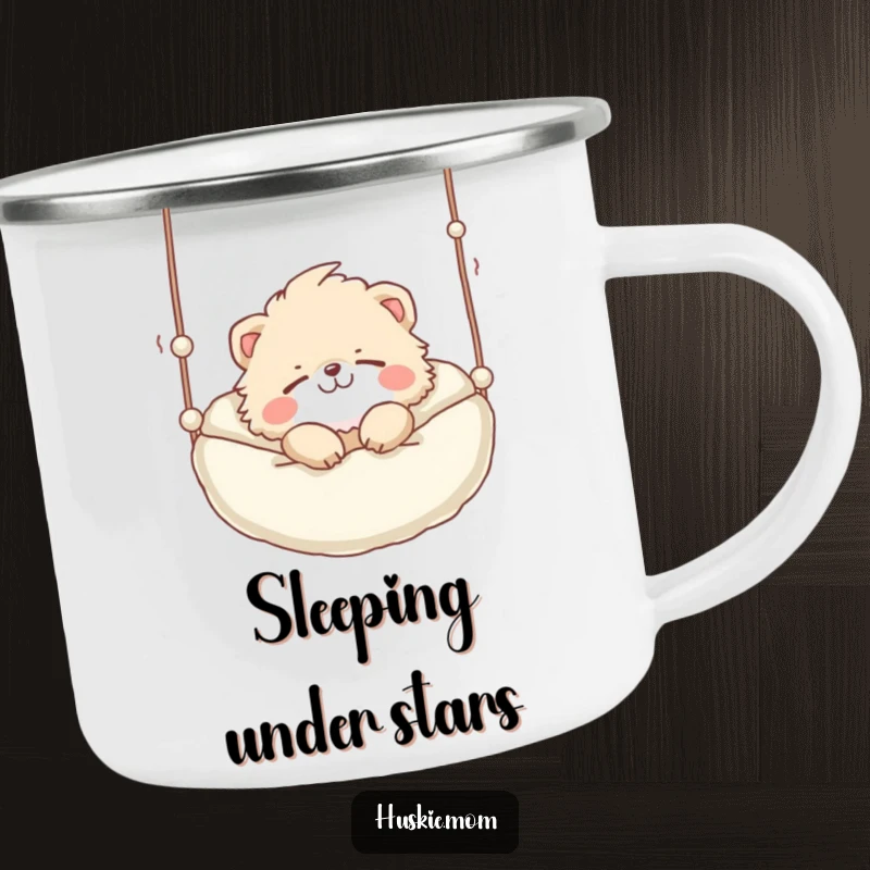 Funny Camping Mug: A cute fluffy animal with a playful grin sleeping soundly in a suspended bed, perfect for peaceful outdoors.