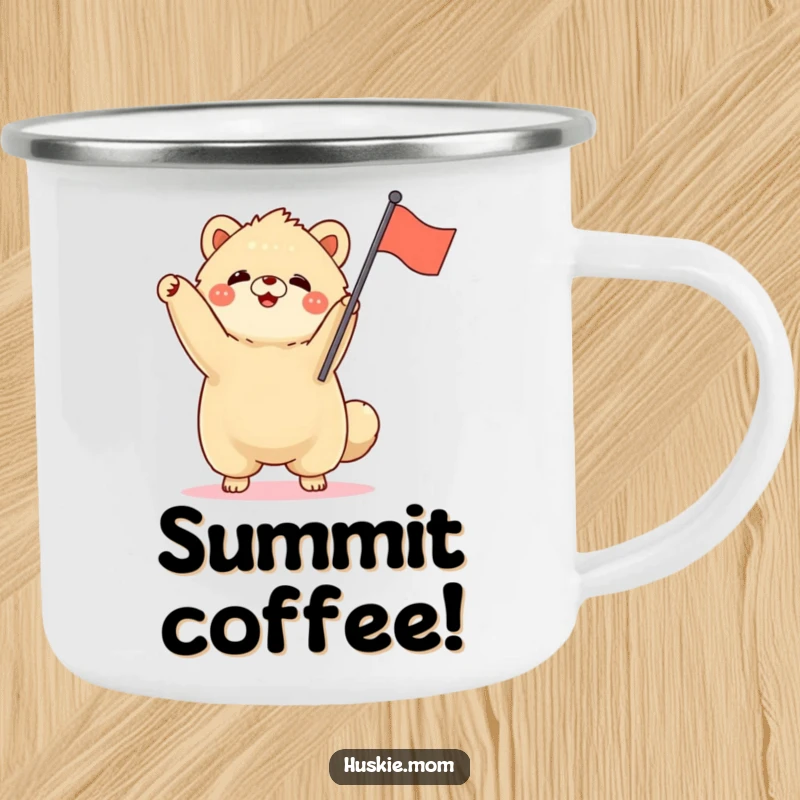 Funny fluffy animal standing tall, waving a small flag, enamel camping mug, enthusiastic outdoor design.