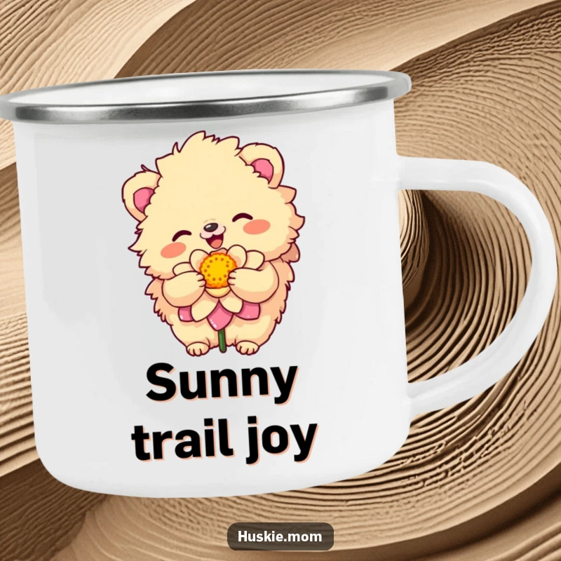 Funny Camping Mug with a fluffy animal’s sunny disposition embracing a colorful bloom, perfect for cheerful outdoor enjoyment.