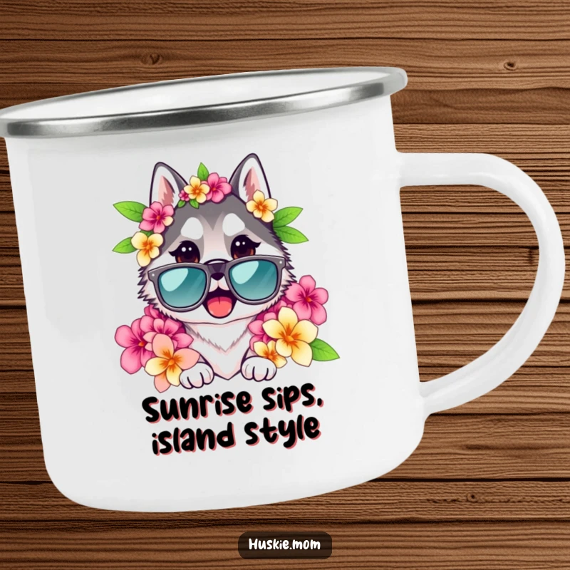 Funny Husky Lady Camping Mug featuring a husky in sunglasses and a lei, designed for outdoor adventures.