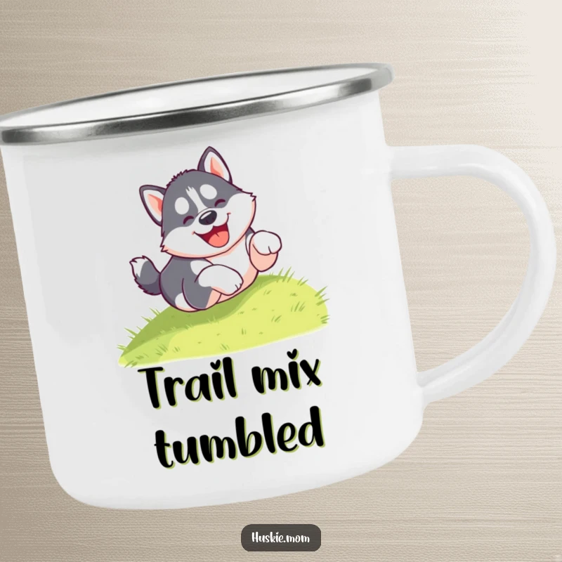 Funny camping mug featuring a gleeful husky puppy tumbling head over paws down a grassy hill, perfect for adventurous humor.
