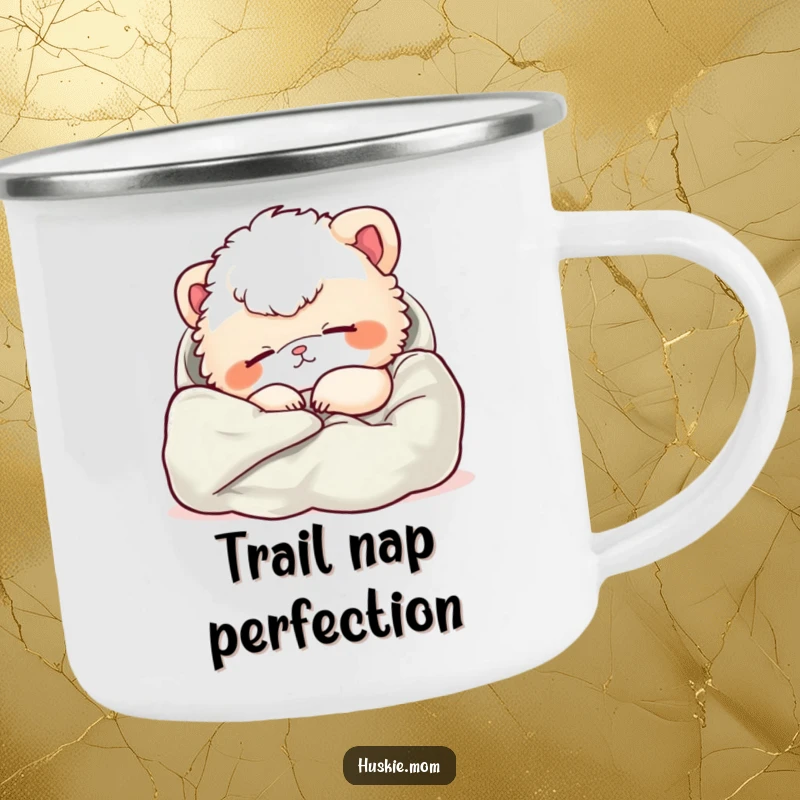 Funny camping mug with a fluffy animal napping peacefully in soft fabric, ideal for cozy outdoor relaxation.