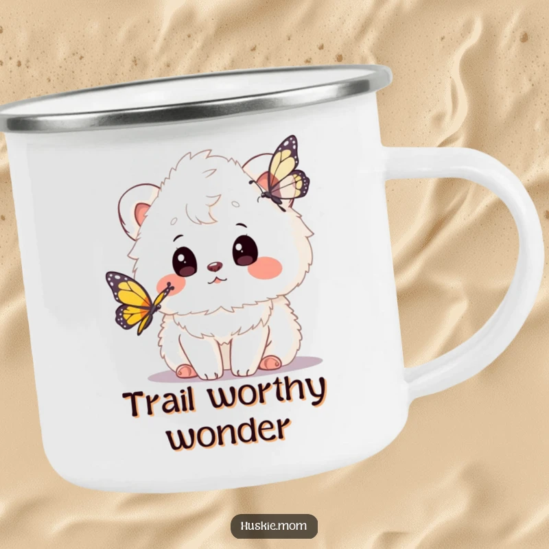 Funny fluffy animal camping mug with a curious animal watching a butterfly, perfect for outdoor adventures and whimsical moments.