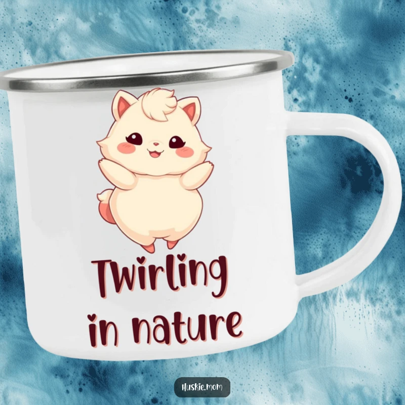 Funny camping mug illustration of a fluffy animal with a bright smile, gracefully twirling, perfect for active outdoor moments.