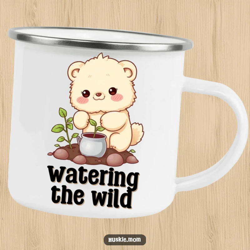 Funny Camping Mug: A cute fluffy animal with rosy cheeks watering a plant, perfect for nature lovers.