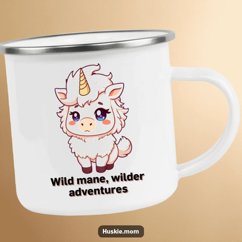 Funny Fluffy Animal Camping Mug with a proud creature tossing its mane and a mischievous glint, an adventurous funny gift.