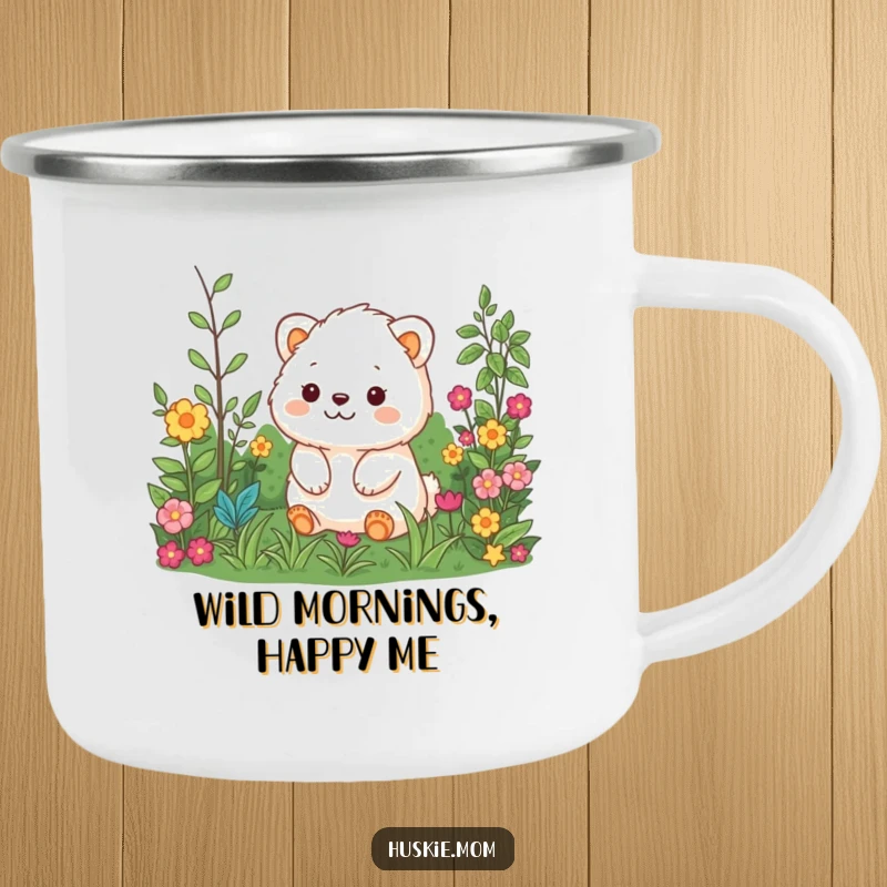 Funny camping mug depicting a happy fluffy animal enjoying a garden view, perfect for outdoor adventures.