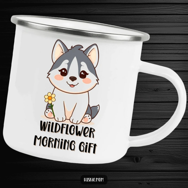Funny Kawaii Husky Camp Mug: A cute husky offers a flower, perfect for outdoor, humorous sipping.