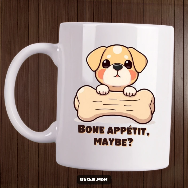 Peek-a-Boo Bone Dog Mug: A small, round dog peeks out playfully from behind a giant bone, exuding curiosity and charm.