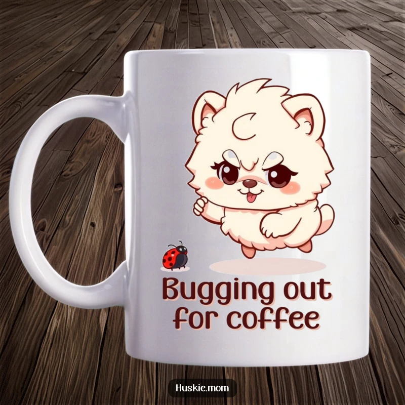 Funny Fluffy Animal Mug: A cute, plush creature with a mischievous glint playfully chasing a tiny ladybug in a garden setting.