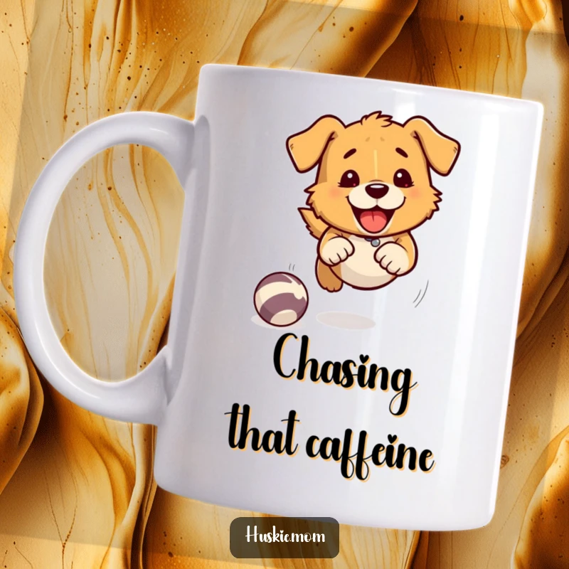 Fast Chasing Dog Mug: A dog excitedly chases a bouncing ball, depicted with exaggerated speed lines, showing pure playful energy.