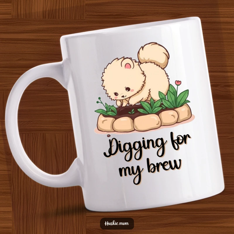 Funny fluffy animal with a bushy tail eagerly digging in a garden bed, printed on a mug, capturing a love for gardening, a great funny gift.