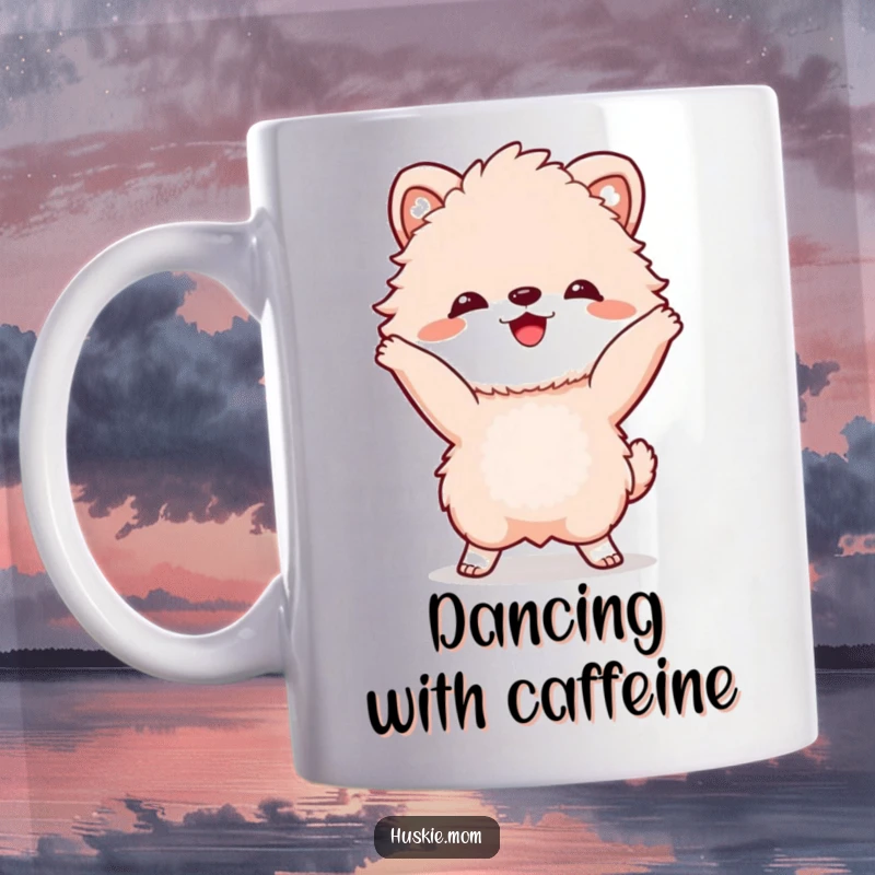 Funny Mug: A happy fluffy animal with a wide grin performing a fun, lively dance move with infectious joy.