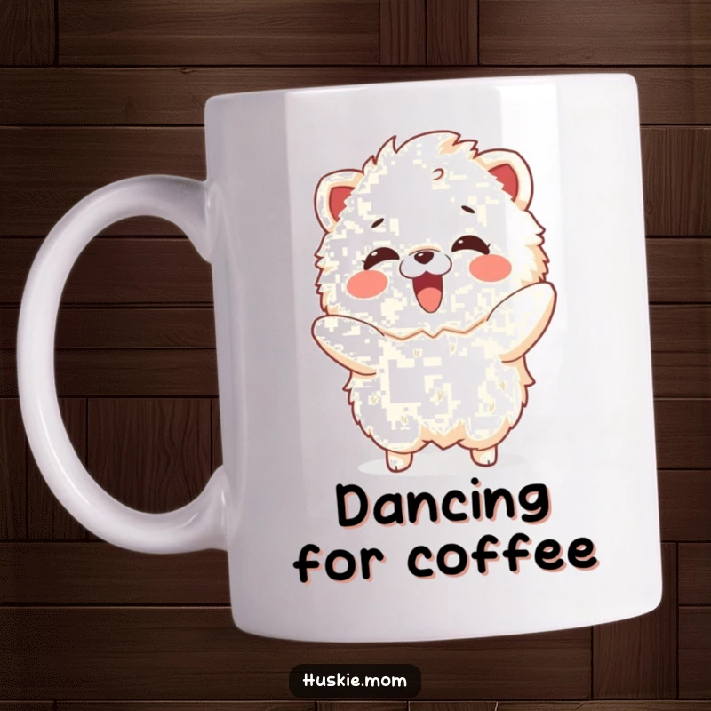Funny mug with a fluffy animal caught in a delighted gasp while mimicking a playful dance, full of joy.