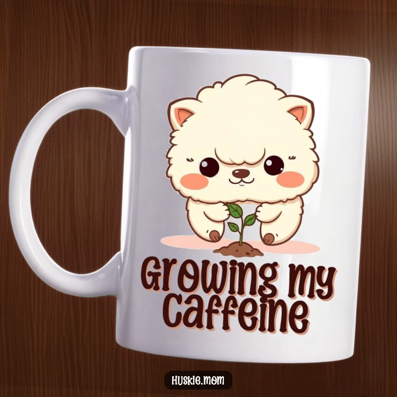 Funny mug showing a fluffy animal with a determined face carefully planting a tiny seed, symbolizing growth and effort.