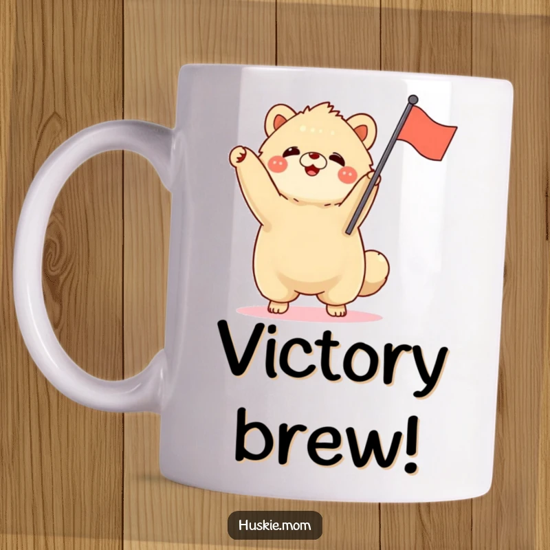 Funny fluffy animal standing tall, enthusiastically waving a small flag, cheerful celebration mug, proud and spirited design.