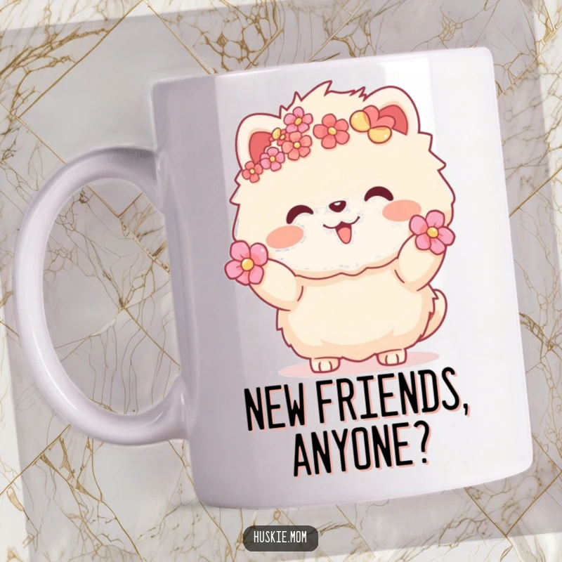 Funny fluffy animal with flowers in its fur, gesturing warmly with an inviting expression, perfect for a cute mug gift.