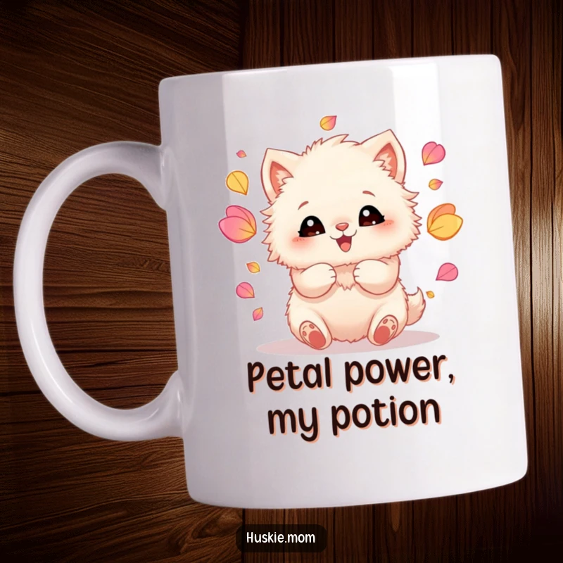 Funny mug showcasing a fluffy animal with joyful eyes, expertly juggling vibrant petals with its tiny paws, radiating pure happiness.
