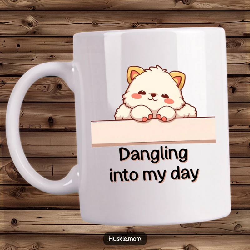 Funny mug featuring a fluffy animal lounging in a super relaxed pose, with paws playfully dangling over the edge.