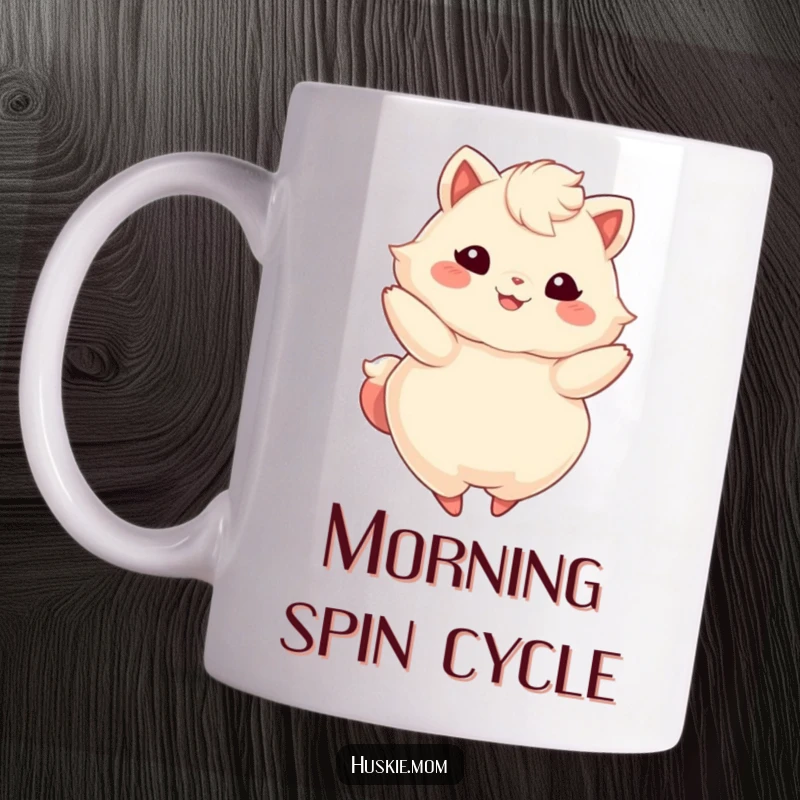 Funny mug featuring a fluffy animal with a bright, wide smile, captured mid-twirl, radiating pure happiness and energy.