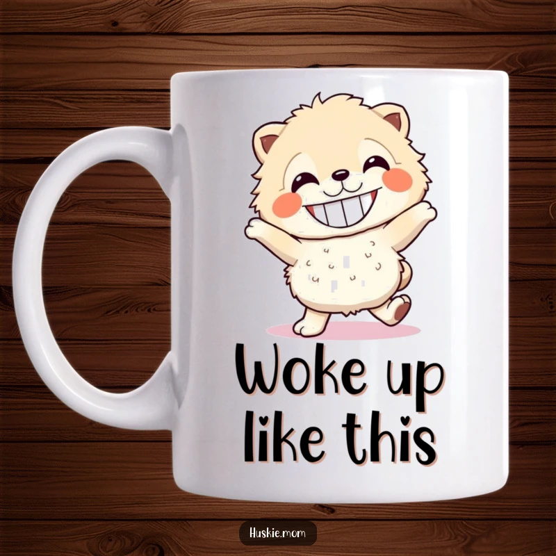 Funny fluffy animal dancer mug with a wide grin doing a dance move, great gift for joyful people.