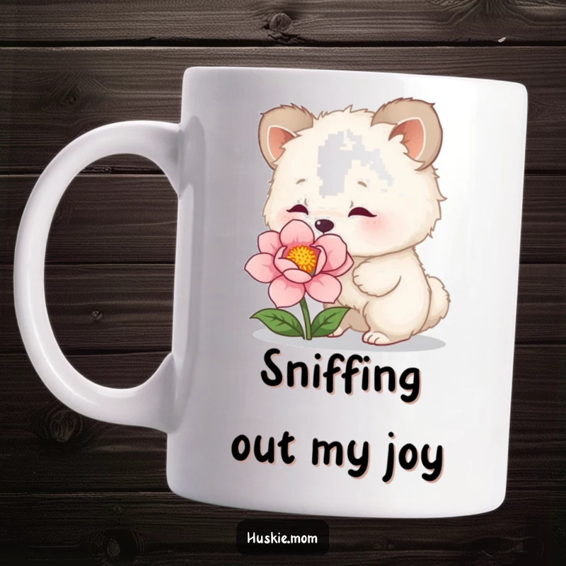 Funny Mug: Fluffy animal with a curious expression sniffing a vibrant flower, illustrating nature's beauty with humor.