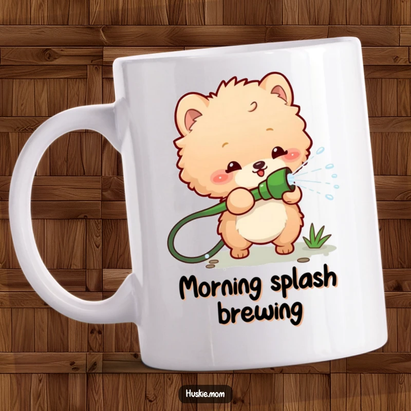 Funny mug showing a fluffy animal playfully tugging a garden hose, spraying water everywhere, capturing a moment of chaotic fun.