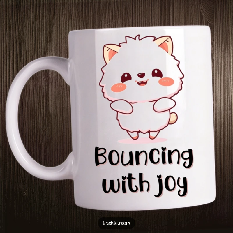 Funny mug showcasing a fluffy animal with a huge, beaming smile, bouncing with uncontainable enthusiasm and joy.