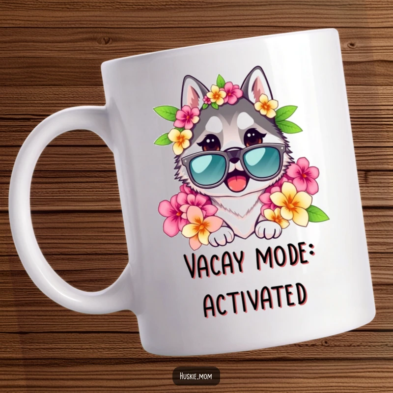 Funny Husky Lady Mug with oversized sunglasses and a floral lei, looking cool and relaxed on a tropical island.