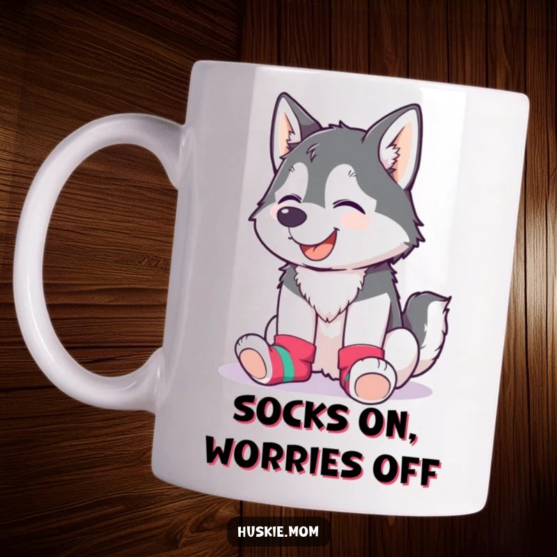Funny Husky Lady Mug featuring a giggling husky wearing mismatched, brightly colored socks with a joyful expression.