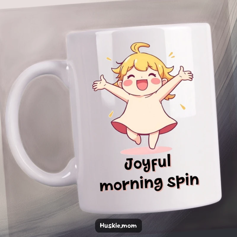 Funny Mug: A character is joyfully spinning with arms thrown wide, embodying pure, uninhibited happiness.