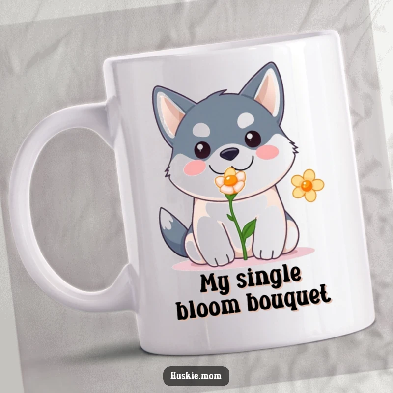 Funny Kawaii Husky Mug: Adorable husky with a flower in paw, looking sweet and enthusiastic, perfect gift.