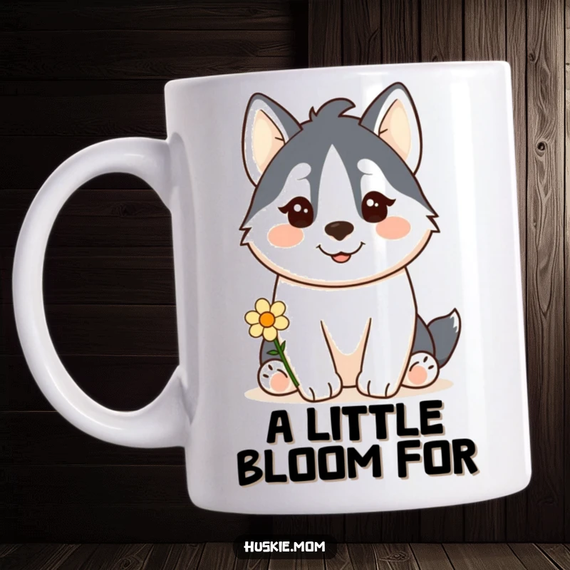 Funny Kawaii Husky Mug: A happy kawaii husky offers a small flower with a gentle smile, spreading funny joy.