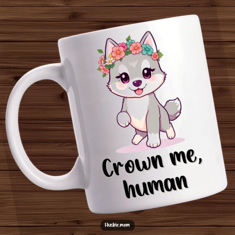 Funny kawaii husky puppy prancing joyfully with a delicate flower crown on a mug, embodying pure sweetness.