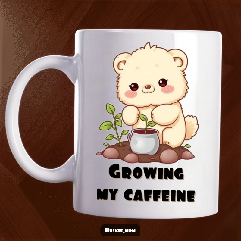 Funny Mug: A cute fluffy animal with rosy cheeks gently watering a small sprouting plant with care and love.