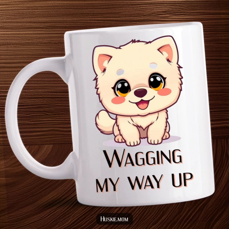 Happy Wagging Dog Mug: A fluffy dog with big eyes wags its tail joyfully, embodying pure canine happiness and excitement.