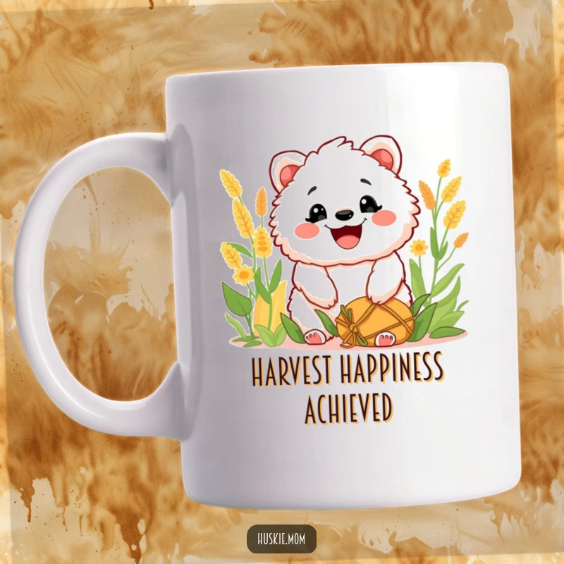 Funny Mug: Fluffy animal with a wide, happy grin celebrating a bountiful harvest, exuding pure joy and satisfaction.