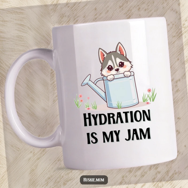 Funny Husky Lady Mug, peeking playfully from behind a giant watering can, with a mischievous glint in her eye, perfect for gardeners.
