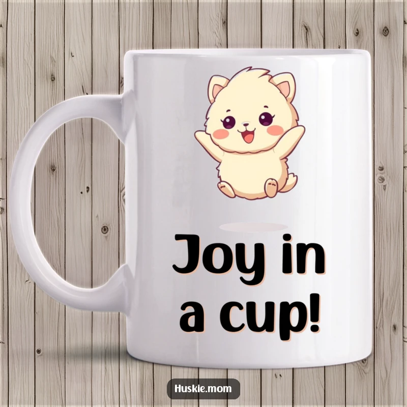 Funny mug with a fluffy animal leaping joyfully with a big, cheerful grin, embodying pure excitement and boundless energy.