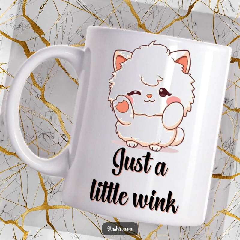 Funny fluffy character winking and gesturing with a paw, offering a friendly and humorous hello, depicted on a cute mug.