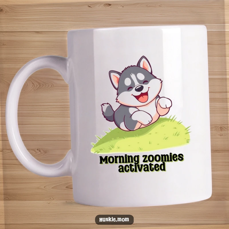 Funny mug showing a happy husky puppy tumbling head over paws down a grassy hill with pure glee and excitement.