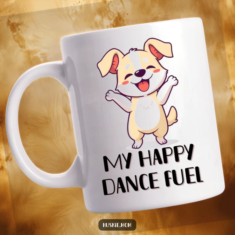 Funny dog dancing mug with floppy ears, capturing a moment of pure, unadulterated joy and silliness in a hilarious illustration.