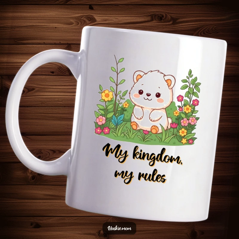 Funny mug with a joyful, fluffy animal gazing contentedly at a colorful, lush garden, exuding happiness.